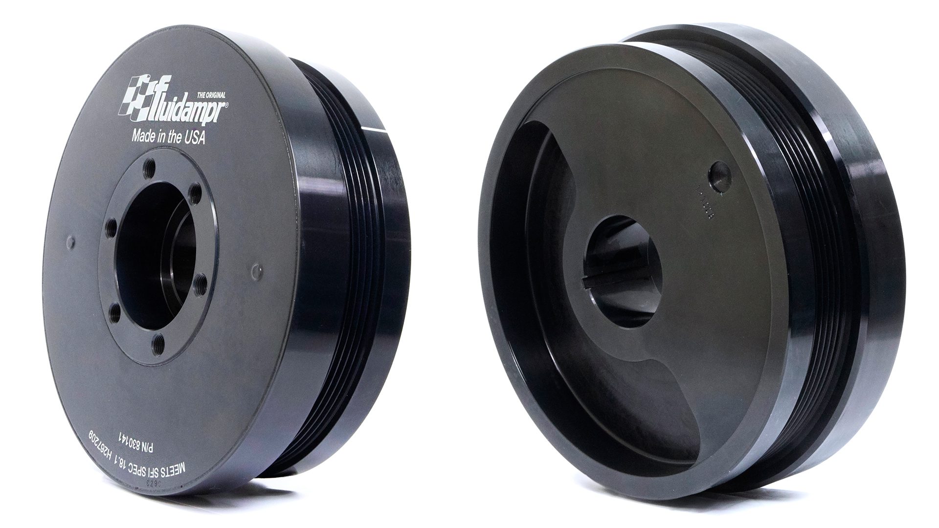 Fluidampr Performance Diesel Damper for GM/Chevy 6.6L Duramax L5P (p/n 830141). Note the half-moon shaped counterweight on the back side of the damper. This is a clear indication the rotating assembly is externally balanced.