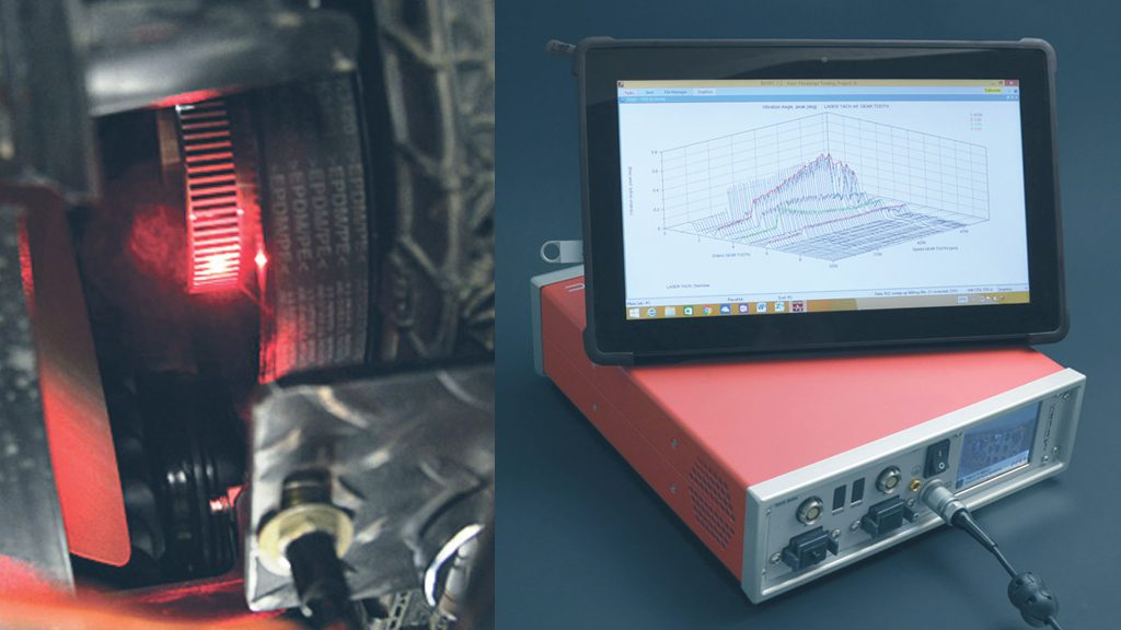 Fluidampr measures crankshaft torsional vibration with an optical sensor and FFT analyzer.