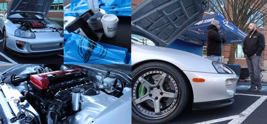 Collage of a white sports car at a Cars+Coffee event, including close-ups of its engine, exterior, and a scene of two people discussing by the open hood.