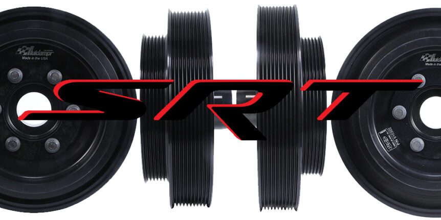 Two pulleys with the SRT logo on them.